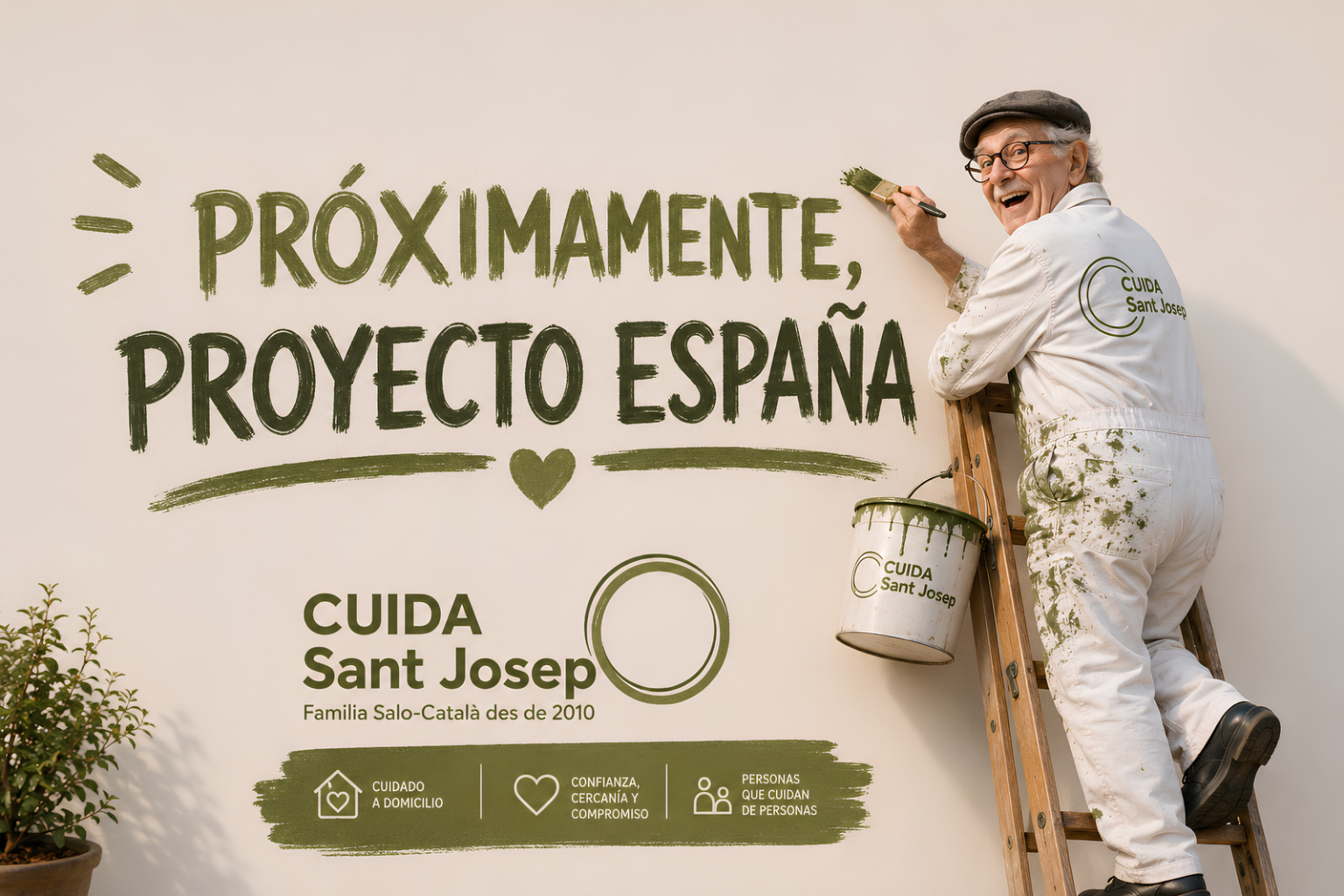 Cuida San Jose anuncia pr&oacute;ximamente Proyecto Espa&ntilde;a con un pintor sonriente en una escalera